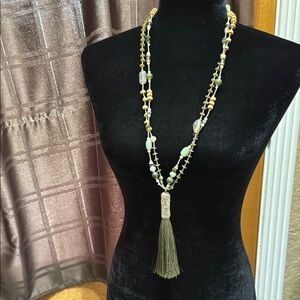 Chico's Green and Gold Beaded Necklace with Tassel
